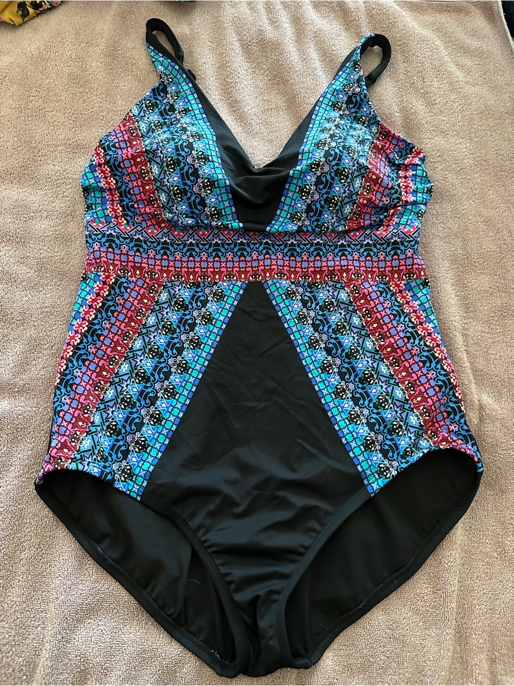 Black One-Piece Swimsuit with Blue and Pink Geo Print
